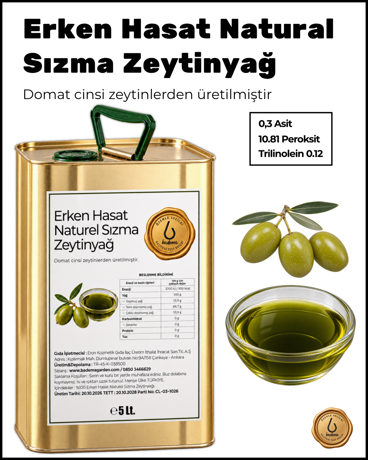 Erken Hasat Naturel Sızma Soğuk Sıkım Zeytinyağ 5 Lt.