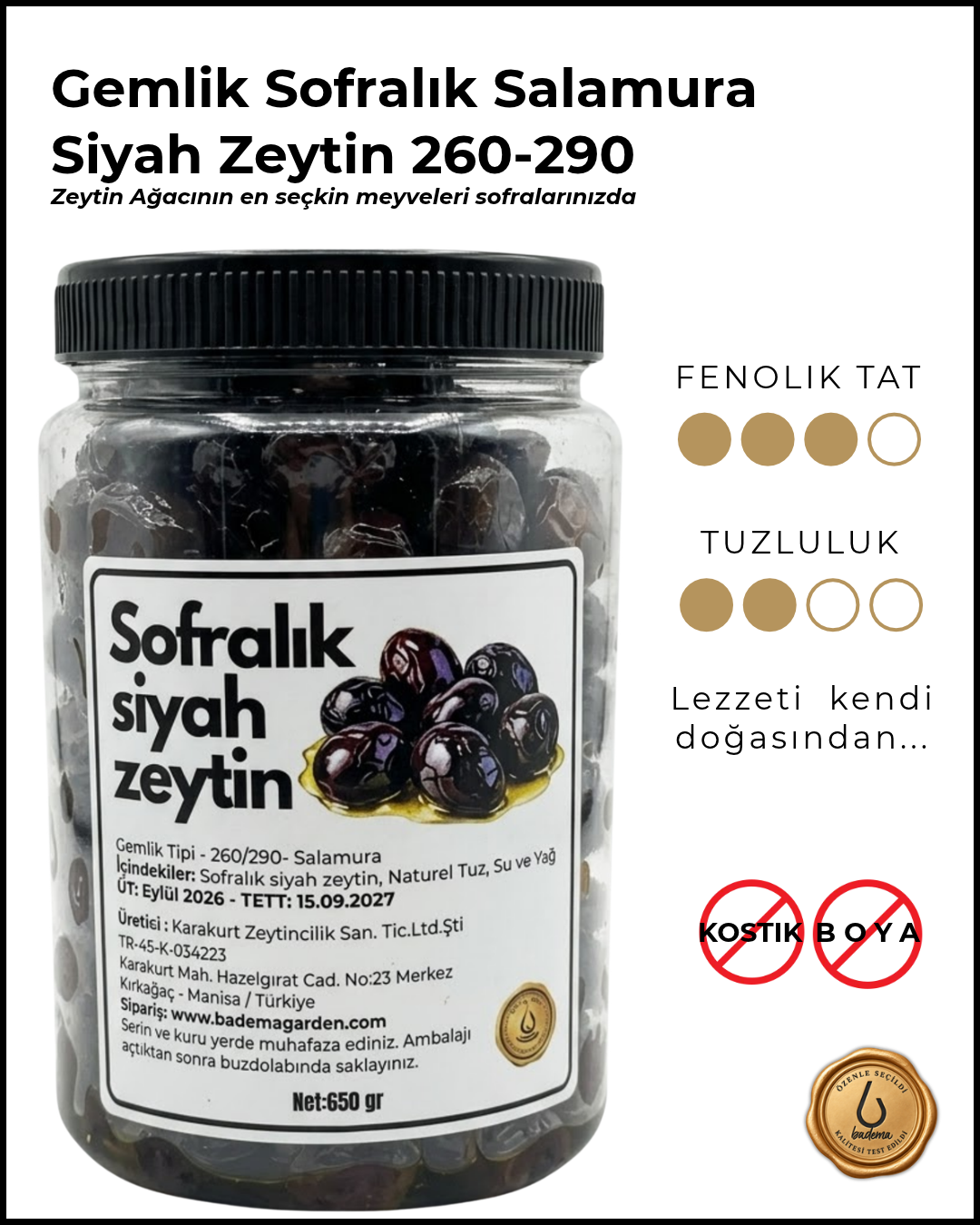 Gemlik Tipi Sofralık Zeytin 650 gr 260-290 Salamura