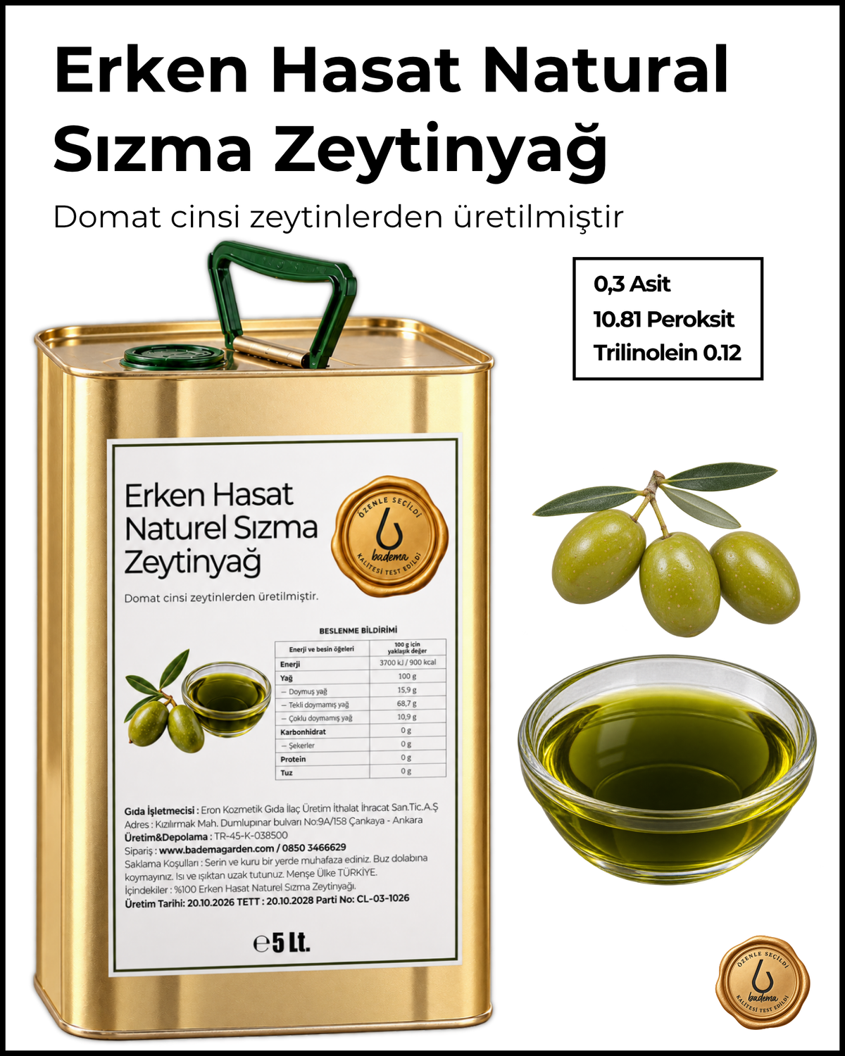 Erken Hasat Naturel Sızma Soğuk Sıkım Zeytinyağ 5 Lt.