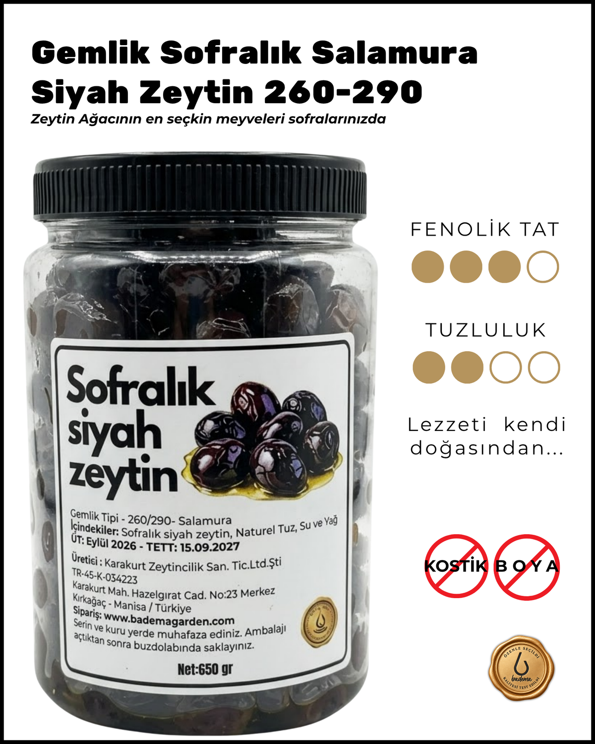 Gemlik Tipi Sofralık Zeytin 650 gr 260-290 Salamura